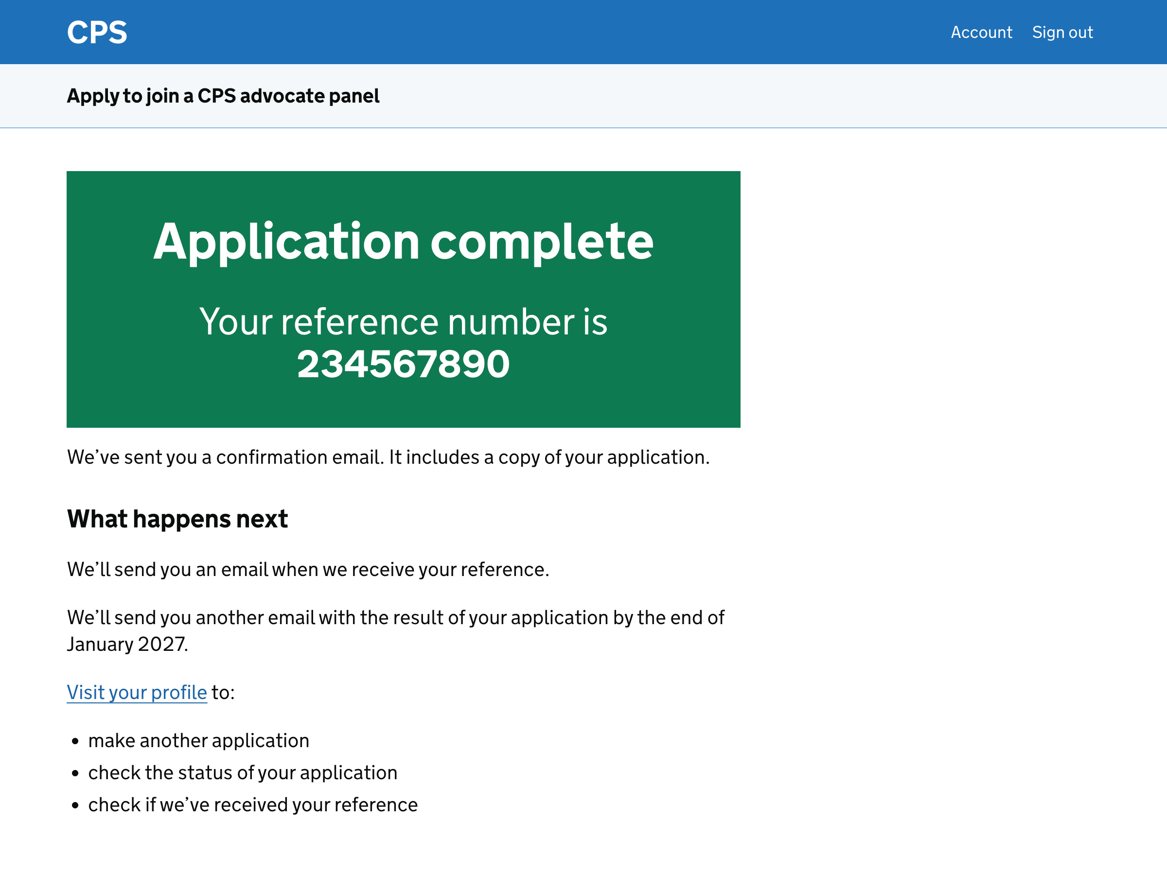 Confirmation that the application has been submitted, with information about what happens next. It’s tailored for an upgrade to general crime level 4.