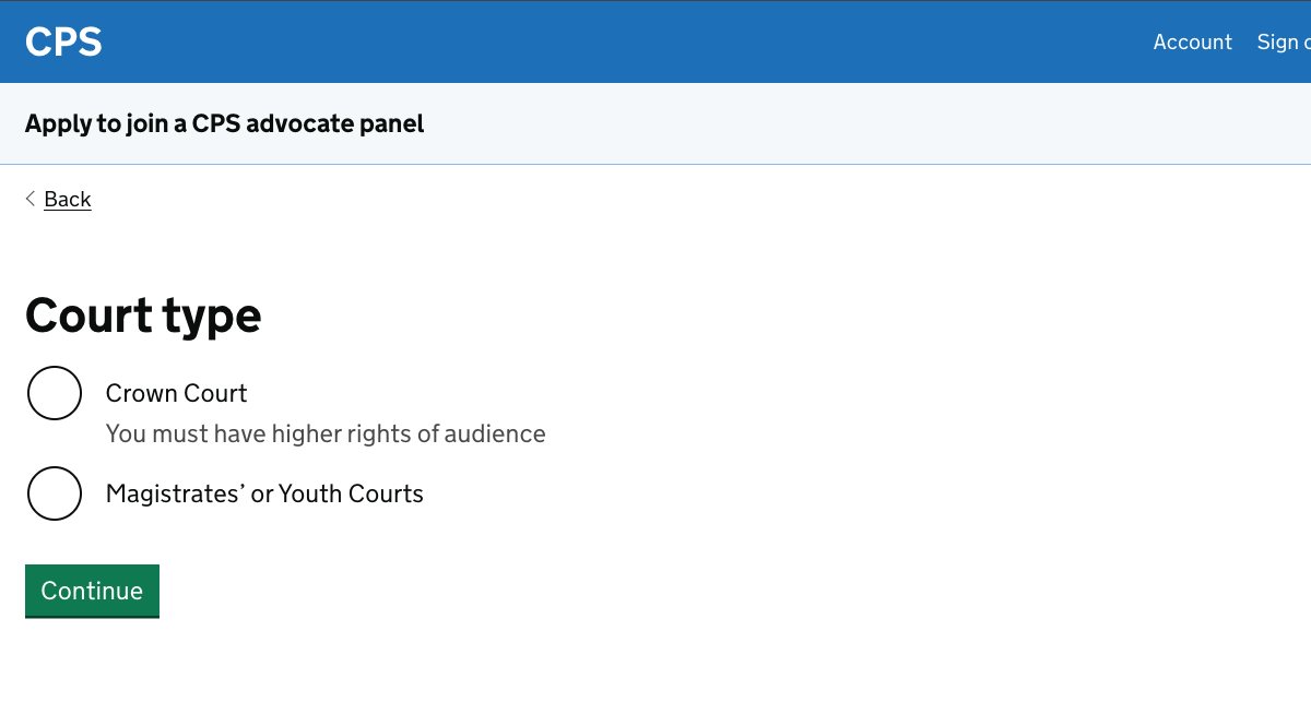 A page asking whether a solicitor wants to work in a Crown Court or Magistrates’ or Youth Courts. Hint text shows that for the former they must have higher rights of audience.
