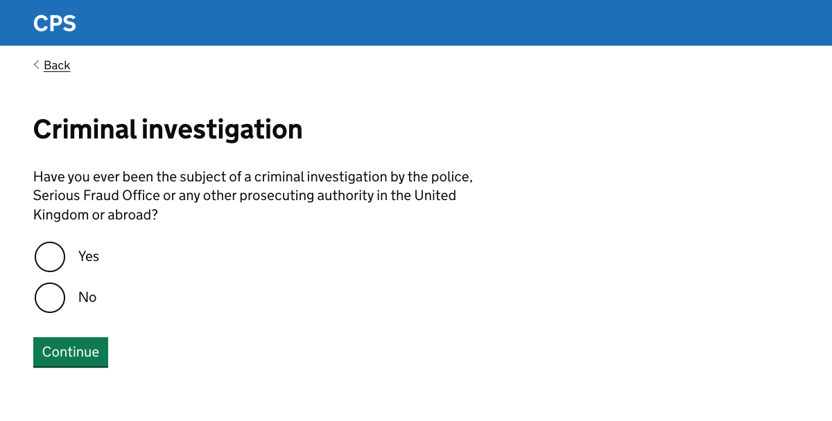 A question asking the user if they’ve ever been the subject of a criminal investigation.