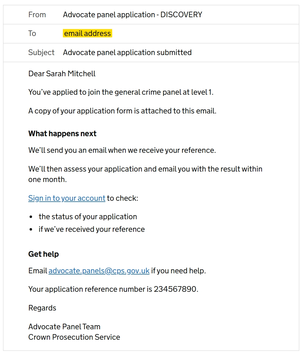 An email telling the user that they’ve submitted their application for general crime at level 1. It says that the application is attached, says what will happen next and gives contact details for the CPS.