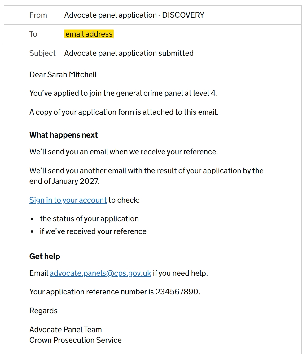 An email telling the user that they’ve submitted their application for general crime at level 4. It says that the application is attached, says what will happen next and gives contact details for the CPS.