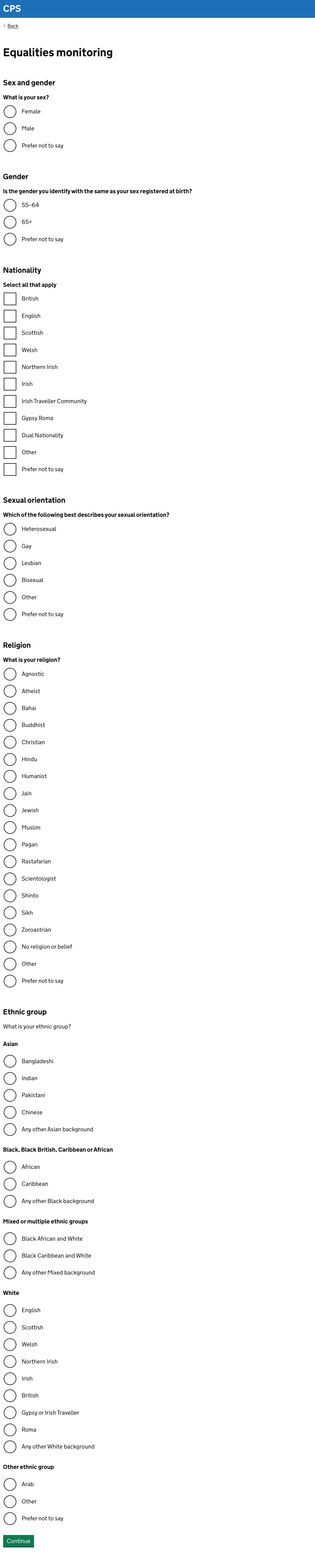 A page asking the user for various equality monitoring information, such as sex and gender.