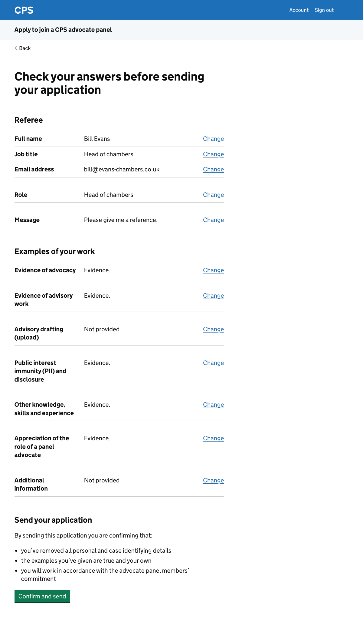 A page allowing the user to check the answers in their application form before they submit it.
