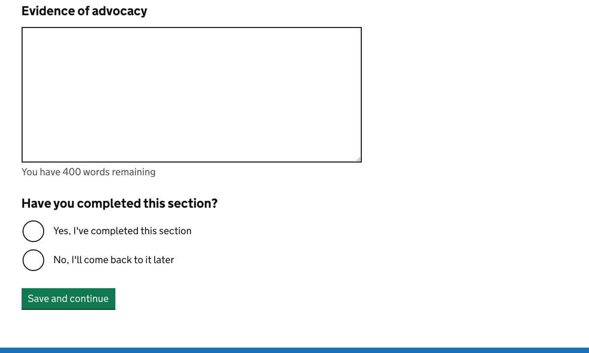 Part of the advocacy task. It shows that the user has to say whether they’ve completed the section before they can click the green button to save and continue.