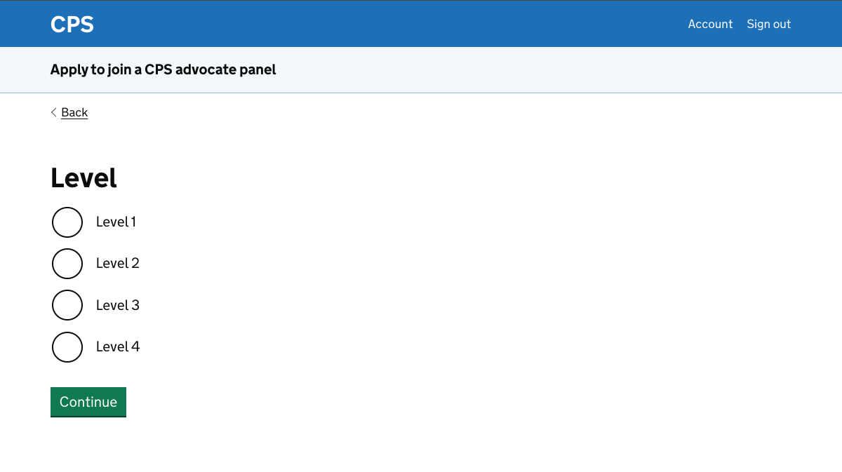 A page letting the user choose from levels 1 to 4.
