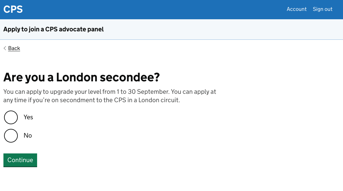 A page asking whether the user is a London secondee, with hint text explaining the effect of this.