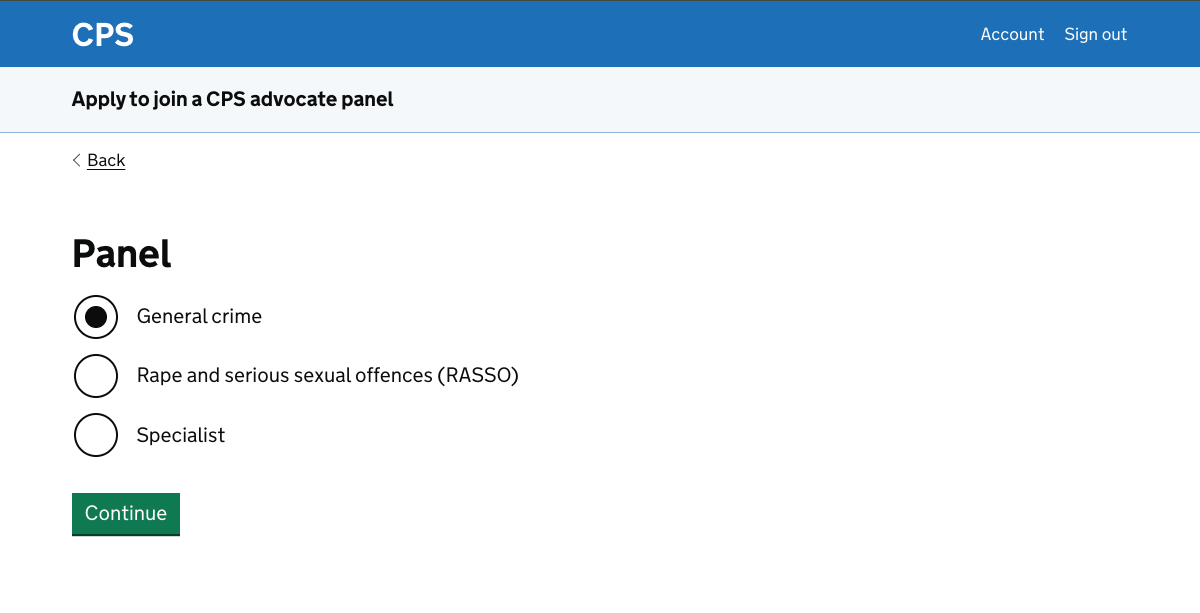 A page asking which panel the user wants to apply to join.