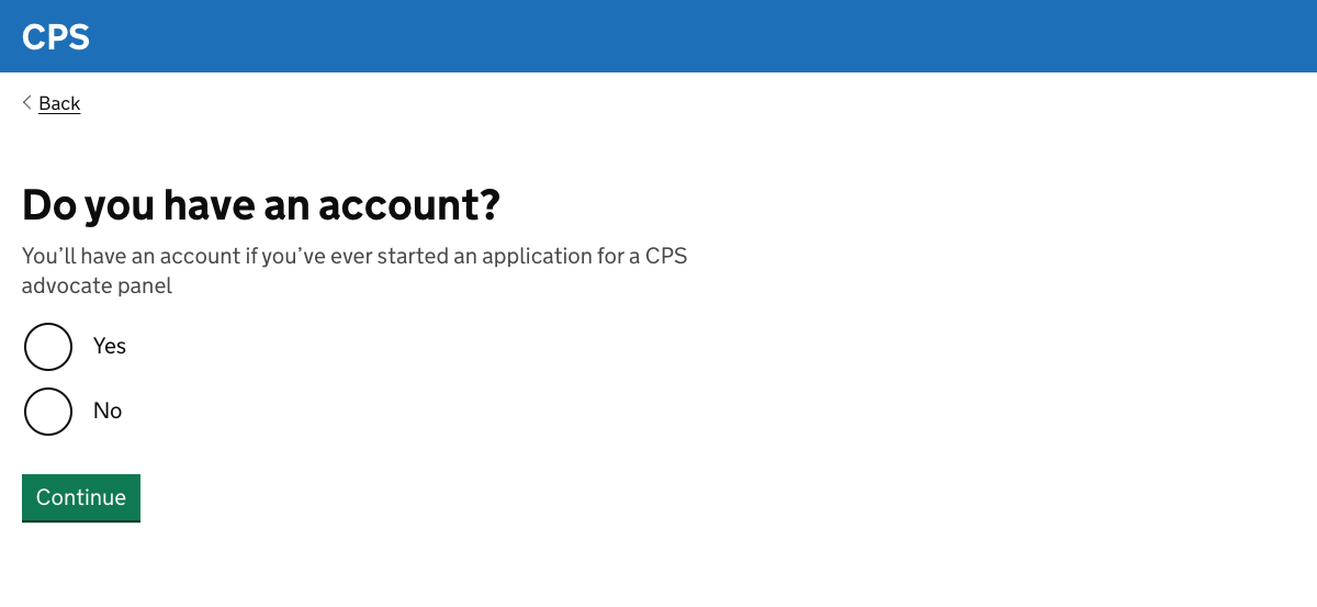 A page asking "Do you have an account?" with radios giving the options "Yes" and "No", and a continue button.