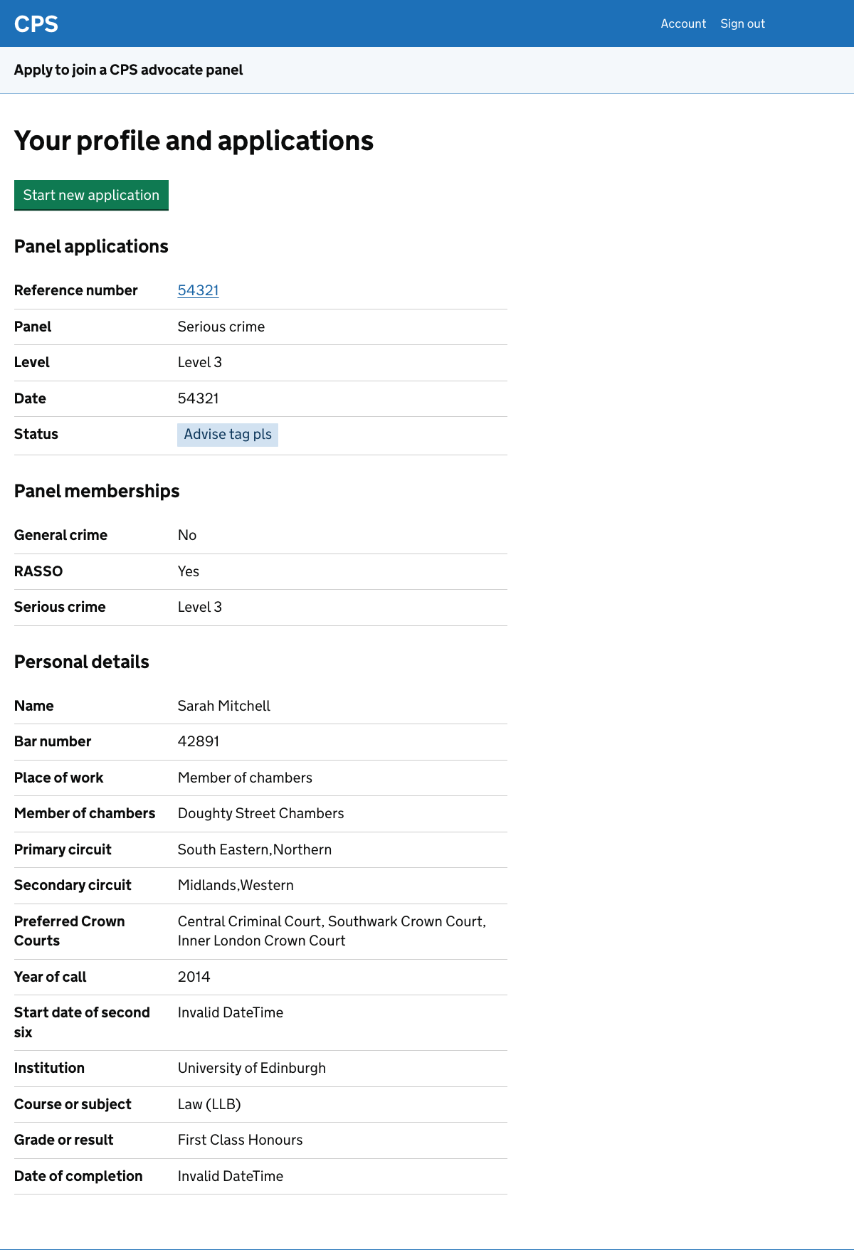 A page showing the user’s profile, previous applications and panel memberships. At the top there’s a green button to start a new application.