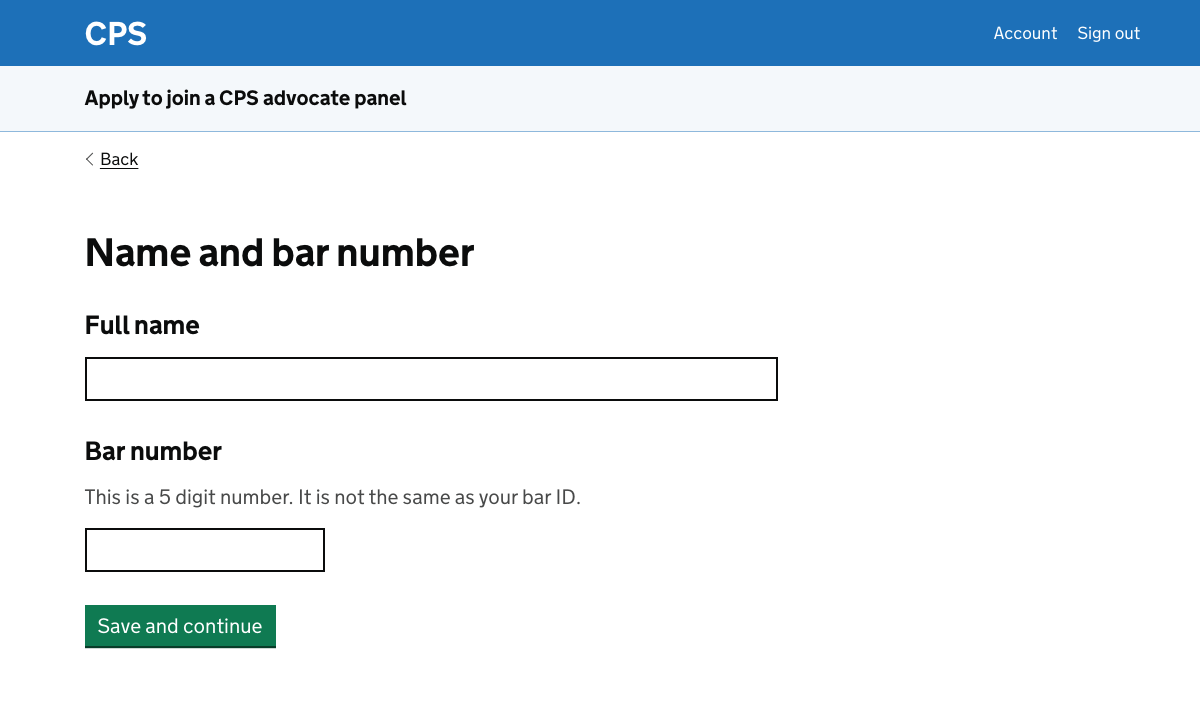 A page asking the user for their full name and bar number.