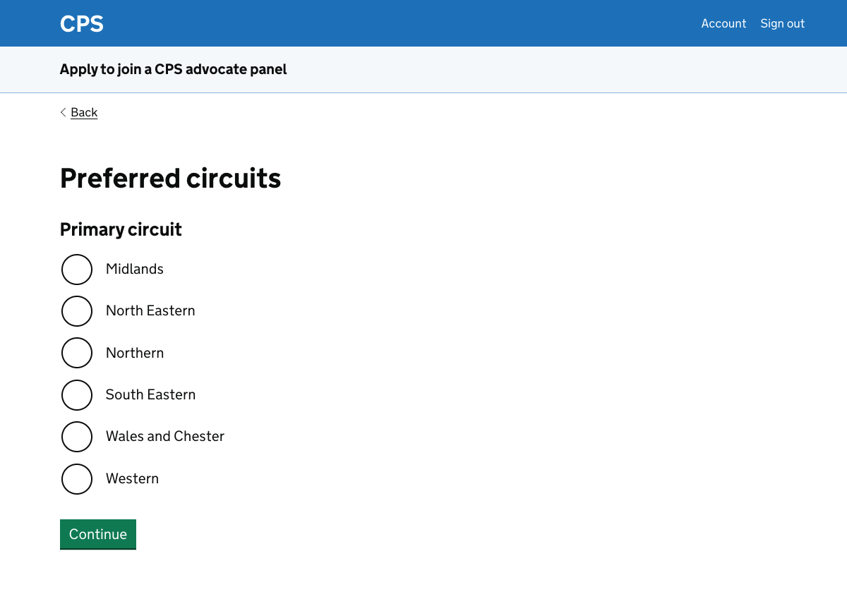 A page asking for the user’s preferred circuit. There are 6 options, such as ‘Midlands’.