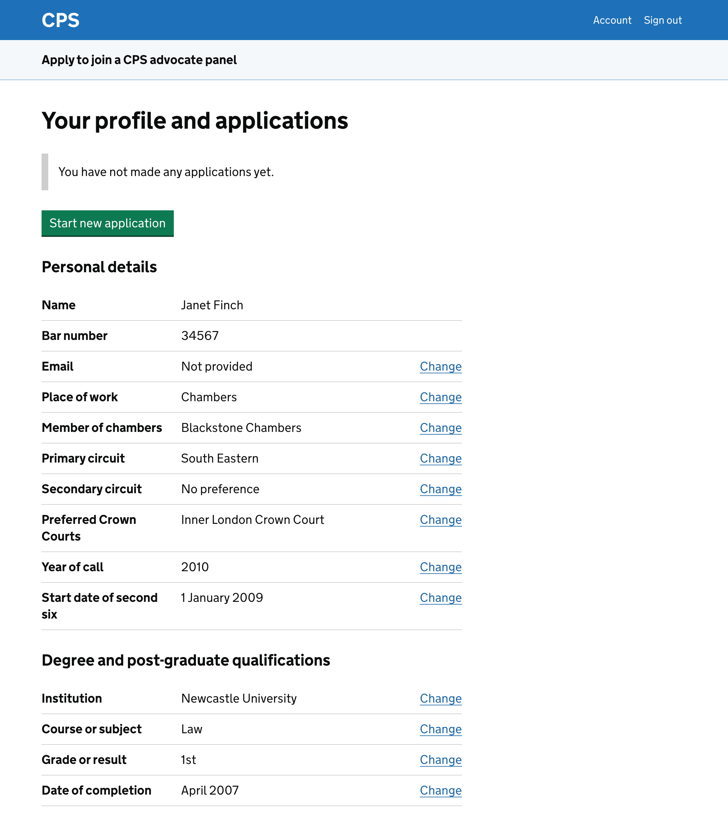 Profile page for a user who is not on any panels panel. There’s a green button for them to start an application and all their personal details.