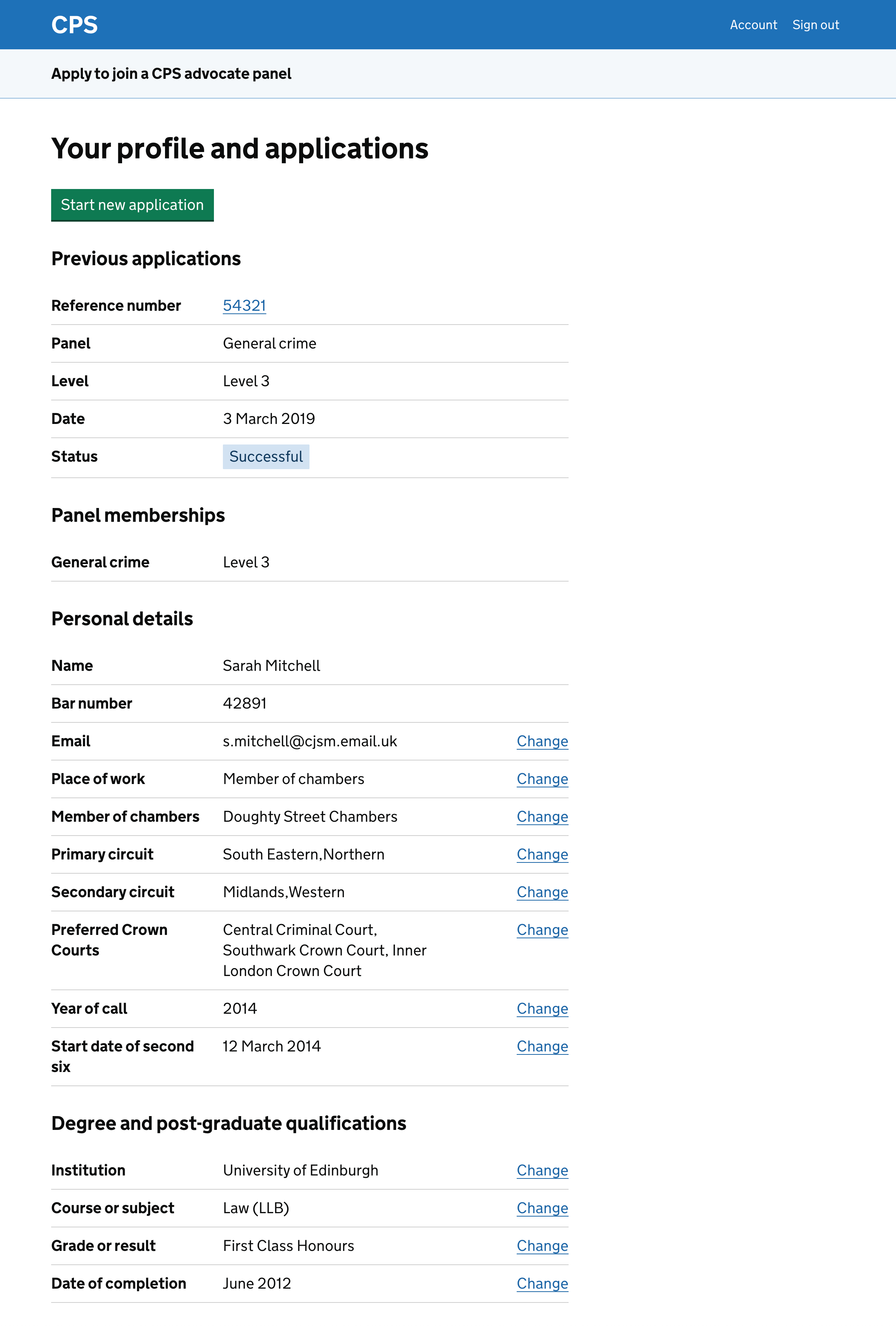 Profile page for a user who is already at level 3 on the general crime panel. There’s a green button for them to start an application and all their personal details.