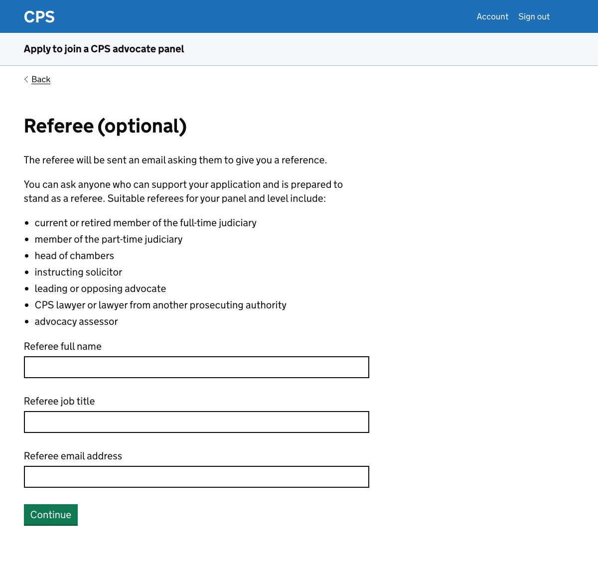The user is asked to enter the referee’s full name, job title and email address.