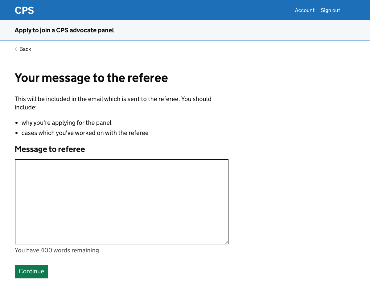 A text box gives the user the chance to personalise the email which will go to their referee.