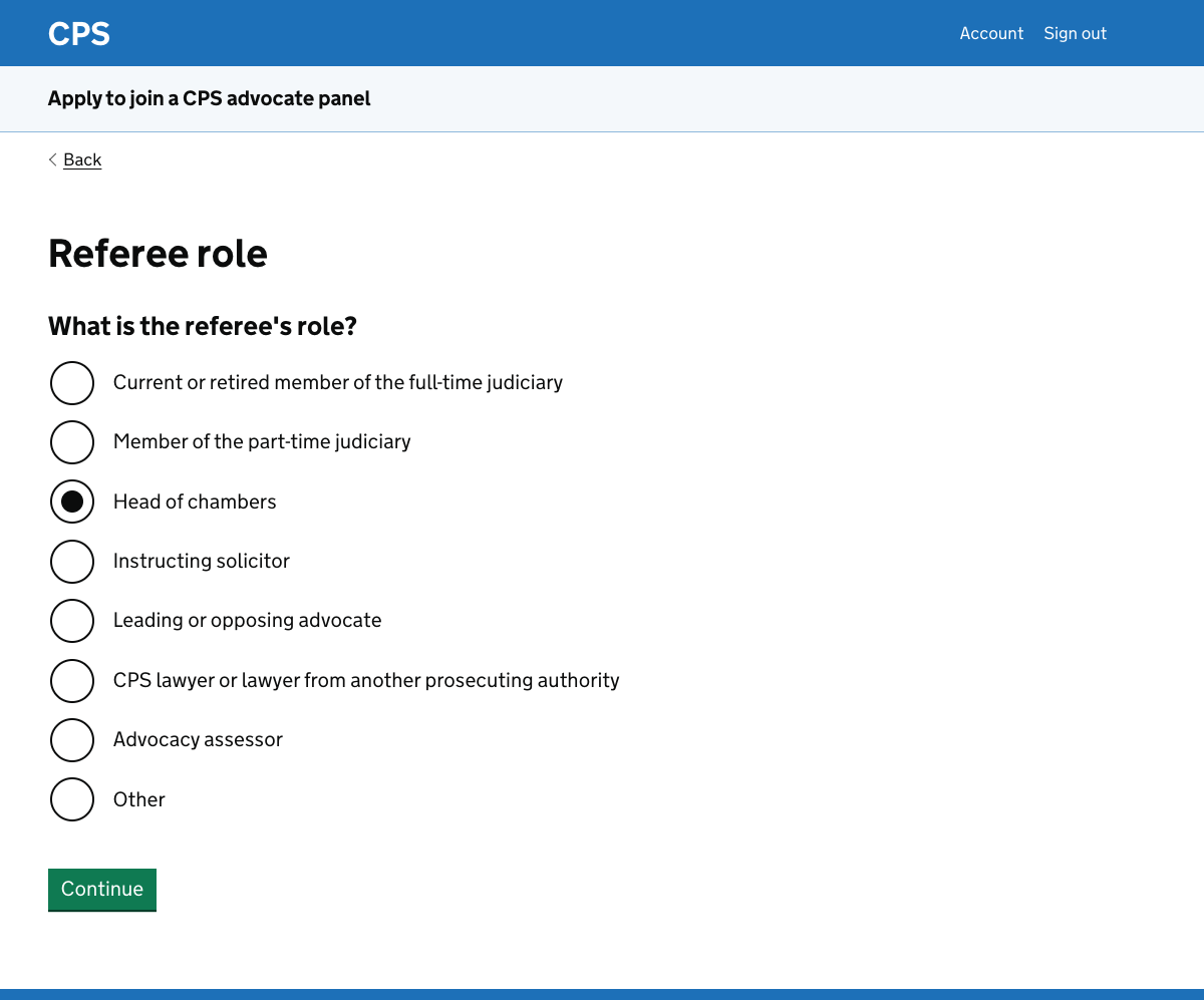 A series of radio buttons lets the user select the role of their referee.