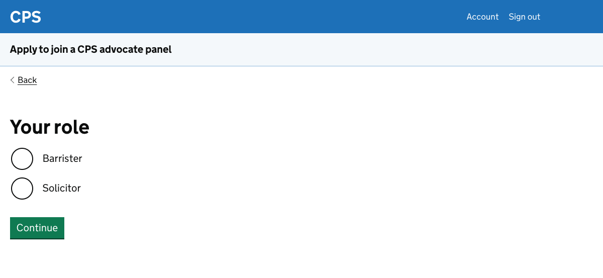 A page asking the user’s role with two options, barrister or solicitor.