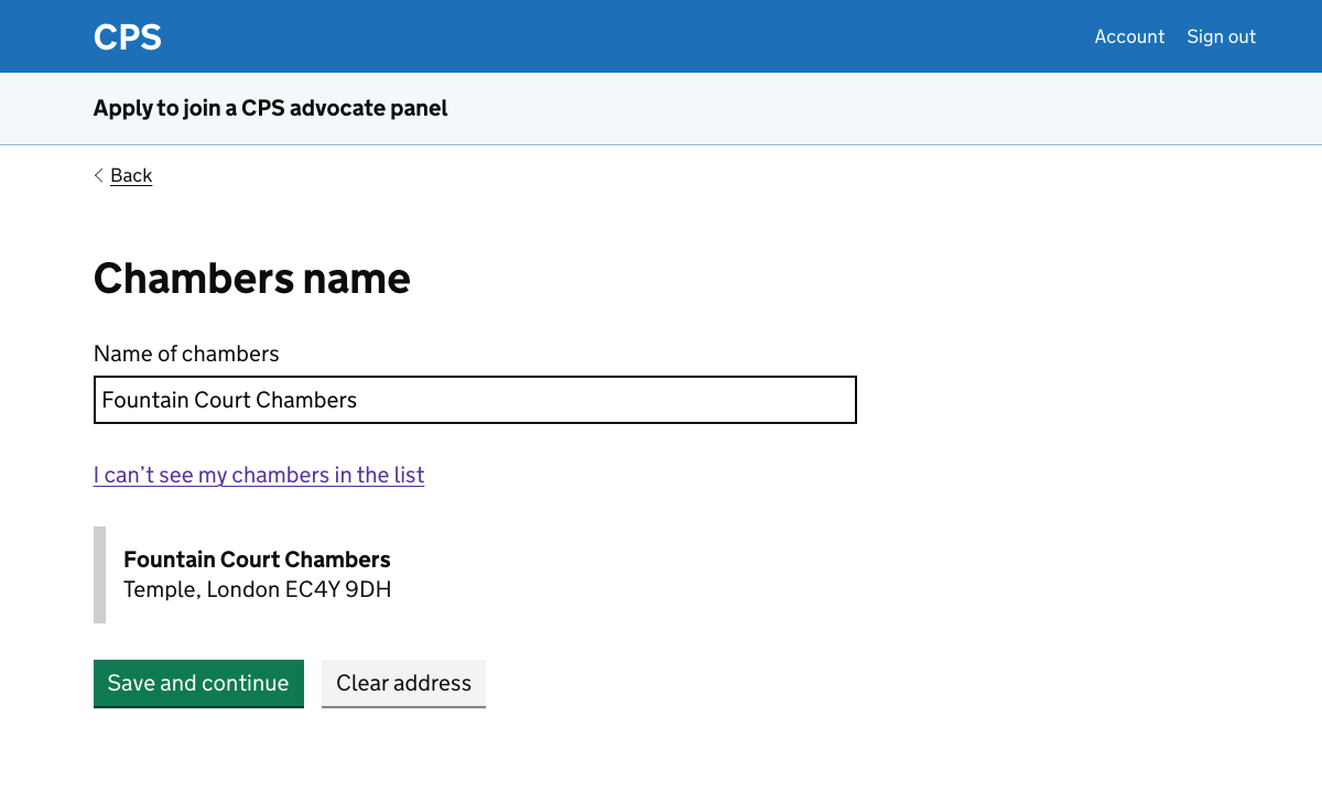 The chambers name page with a chambers selected. The name and address are shown underneath the link which says “I can’t see my chambers in the list”.