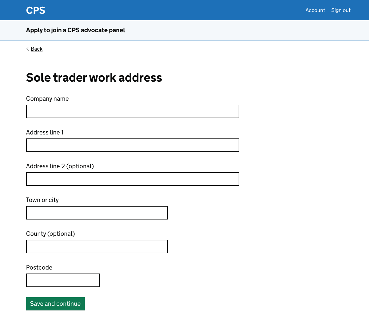 A page asking for a sole trader’s address.