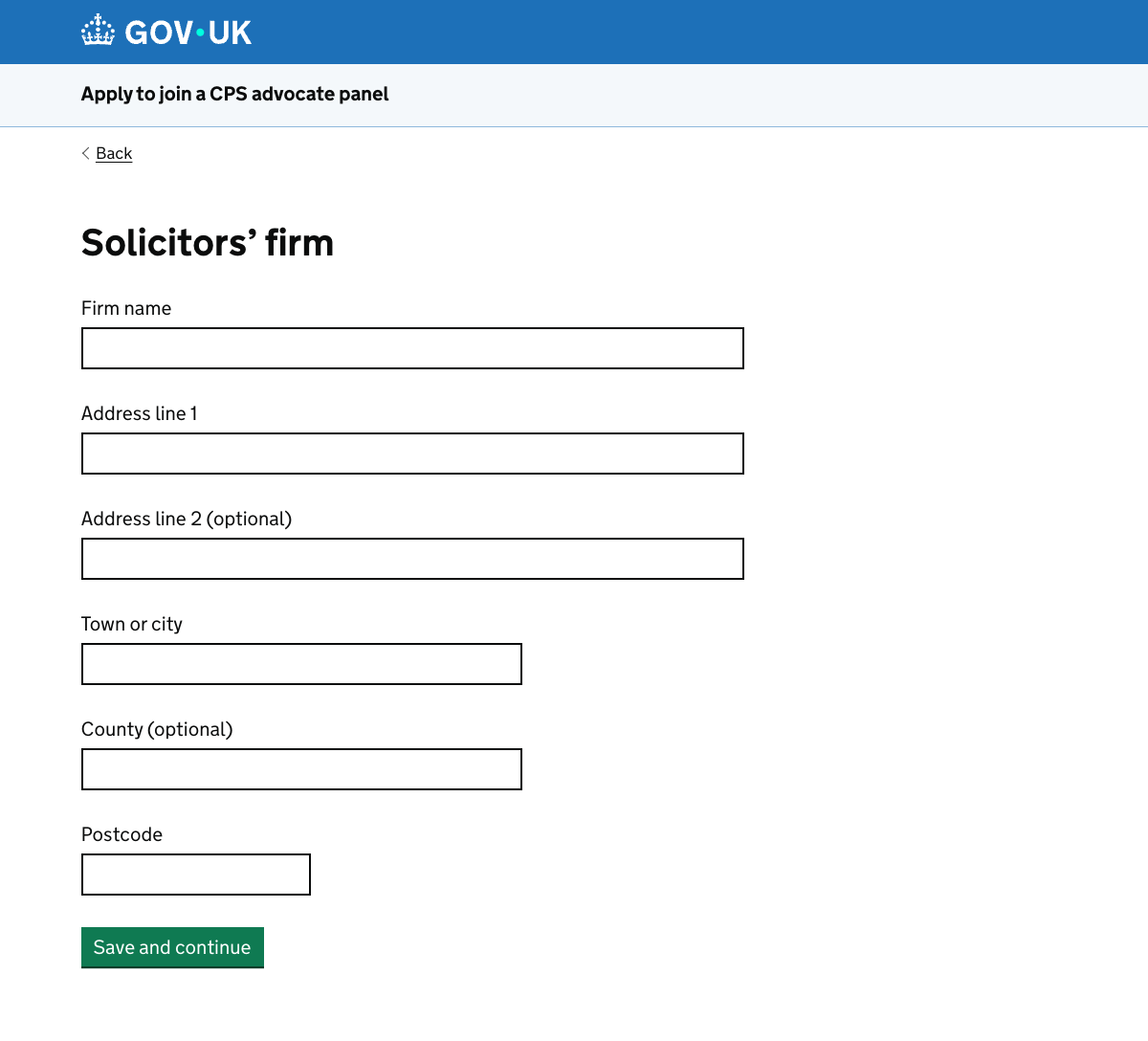 A page asking for a solicitors’ firm’s address.