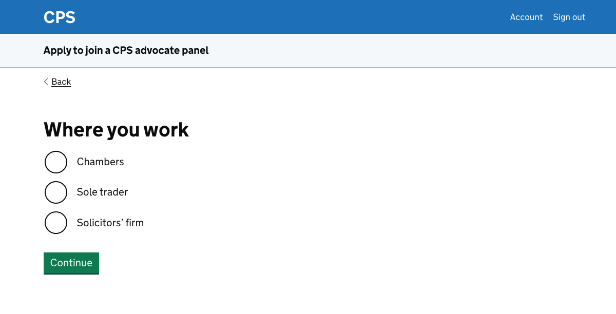 A page asking the user whether they work in chambers, as a sole trader or in a solicitors’ firm.
