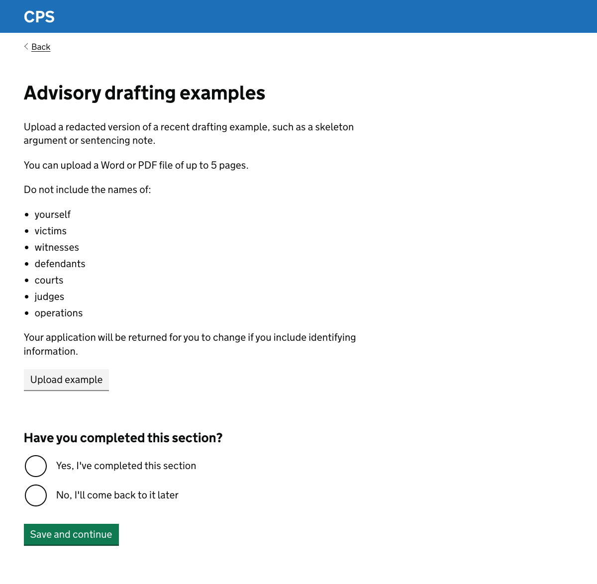 A page with guidance about what to upload, with a button which will let them choose a file. At the bottom of the page the user is asked whether they’ve completed the section.
