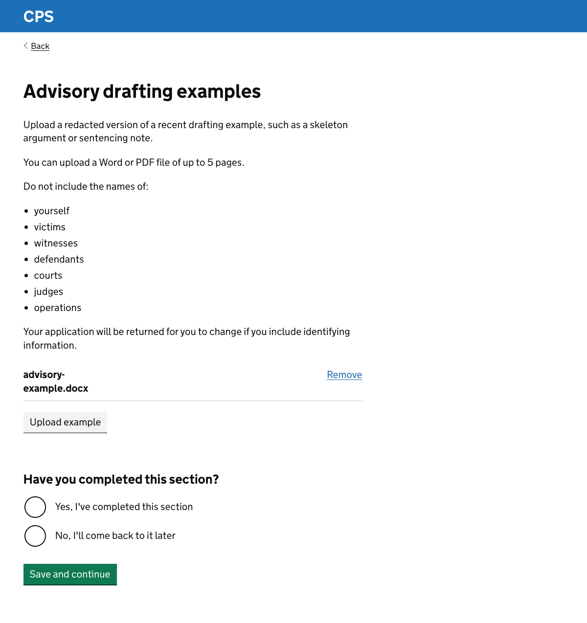 A page with guidance about what to upload, with a button which will let them choose a file. A file has already been chosen and there’s a link to remove it. At the bottom of the page the user is asked whether they’ve completed the section.
