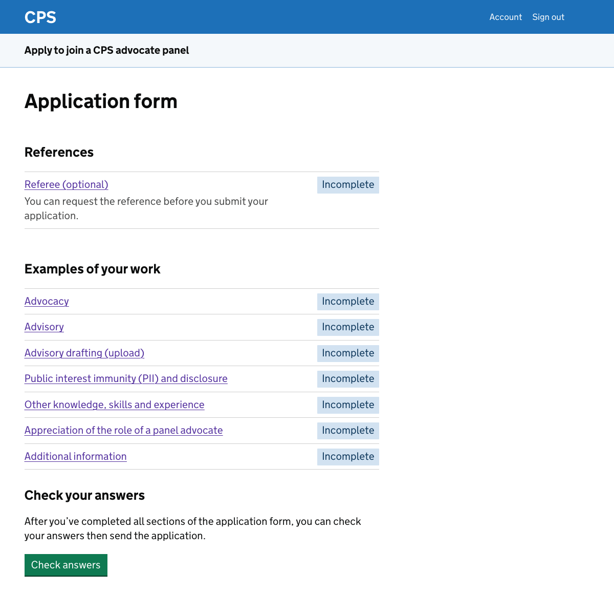 A task list asking users to give details for a reference (optional) and provide examples of their work. There’s a green button at the bottom of the page which lets the user check their answers before submitting.