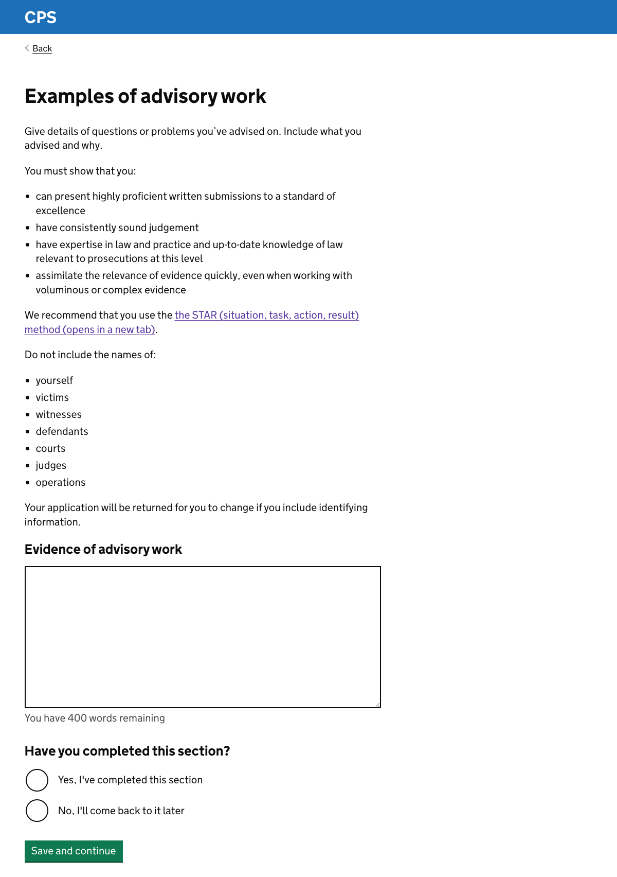 A task with guidance on how to give examples of advisory work.