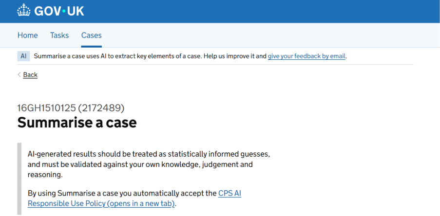 Version 1 of the Explore the case interface showing AI and non-AI content styled the same, with an AI banner and disclaimer at the top.