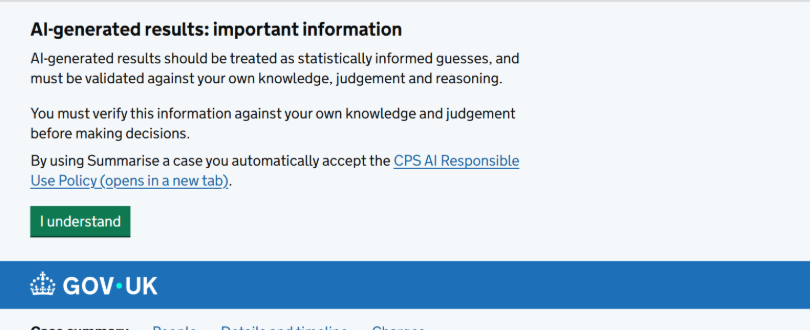 Version 2 case summary page with a cookie-style AI notice banner and an I understand button above the content.