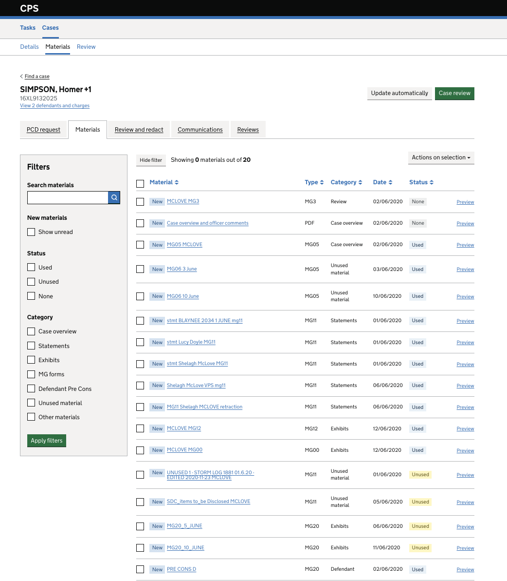 Housekeeping prototype managing materials tab.