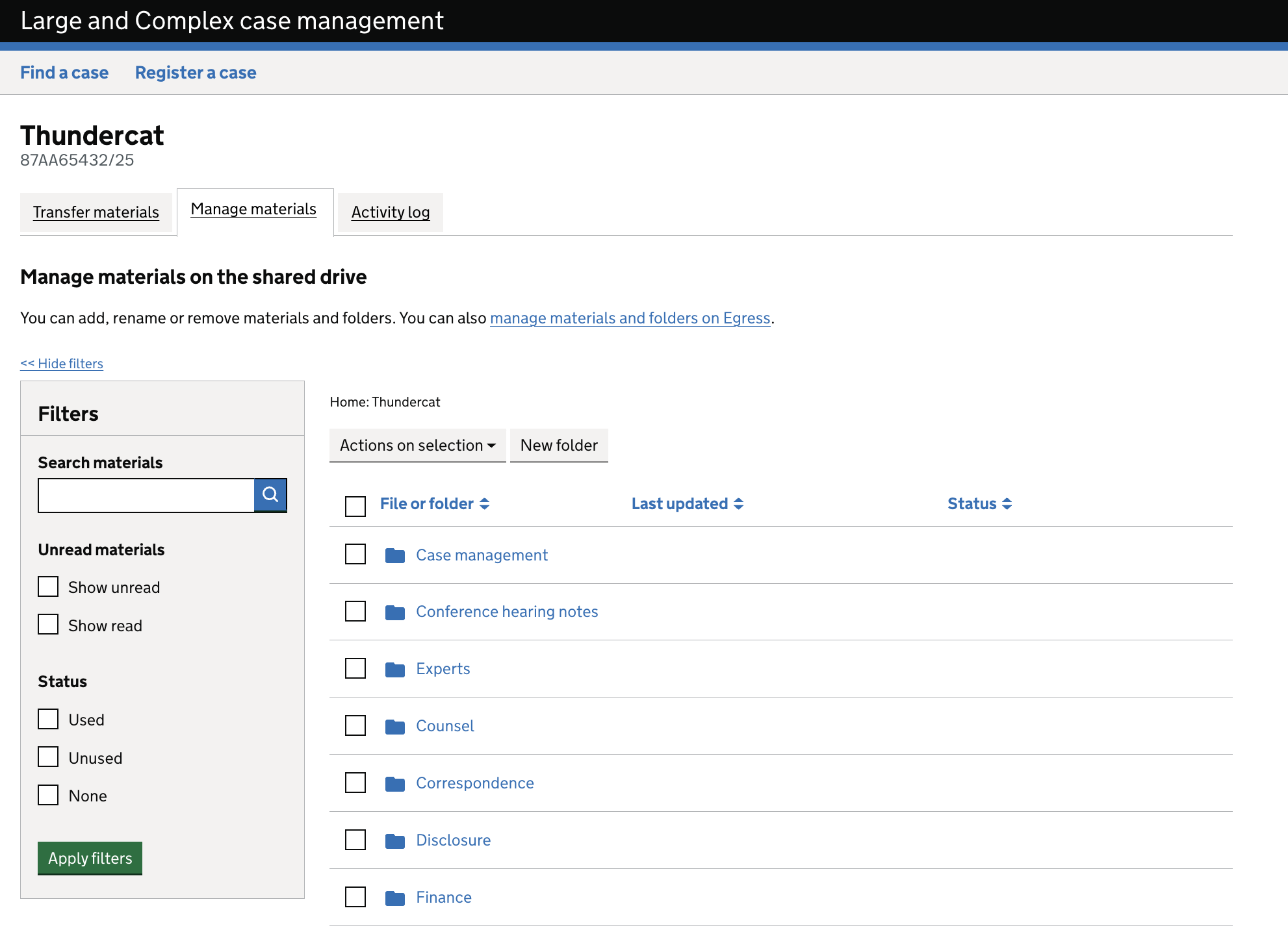 Large and complex cases prototype managing materials tab.