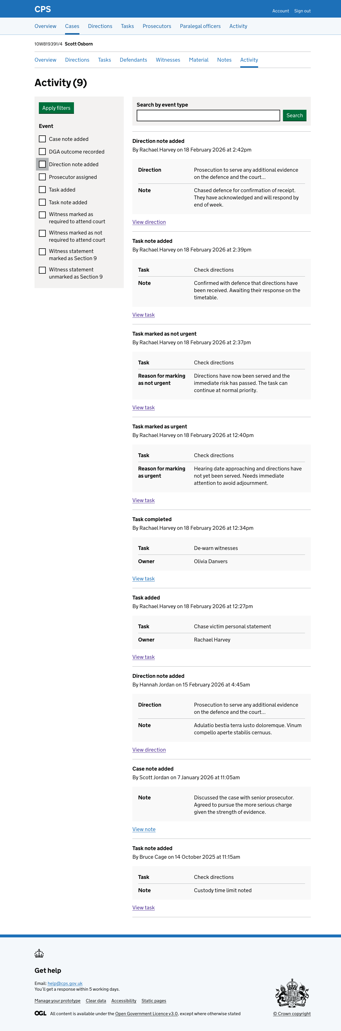 The case activity log showing a "Direction note added" entry by Rachael Harvey, with the direction description and note text.