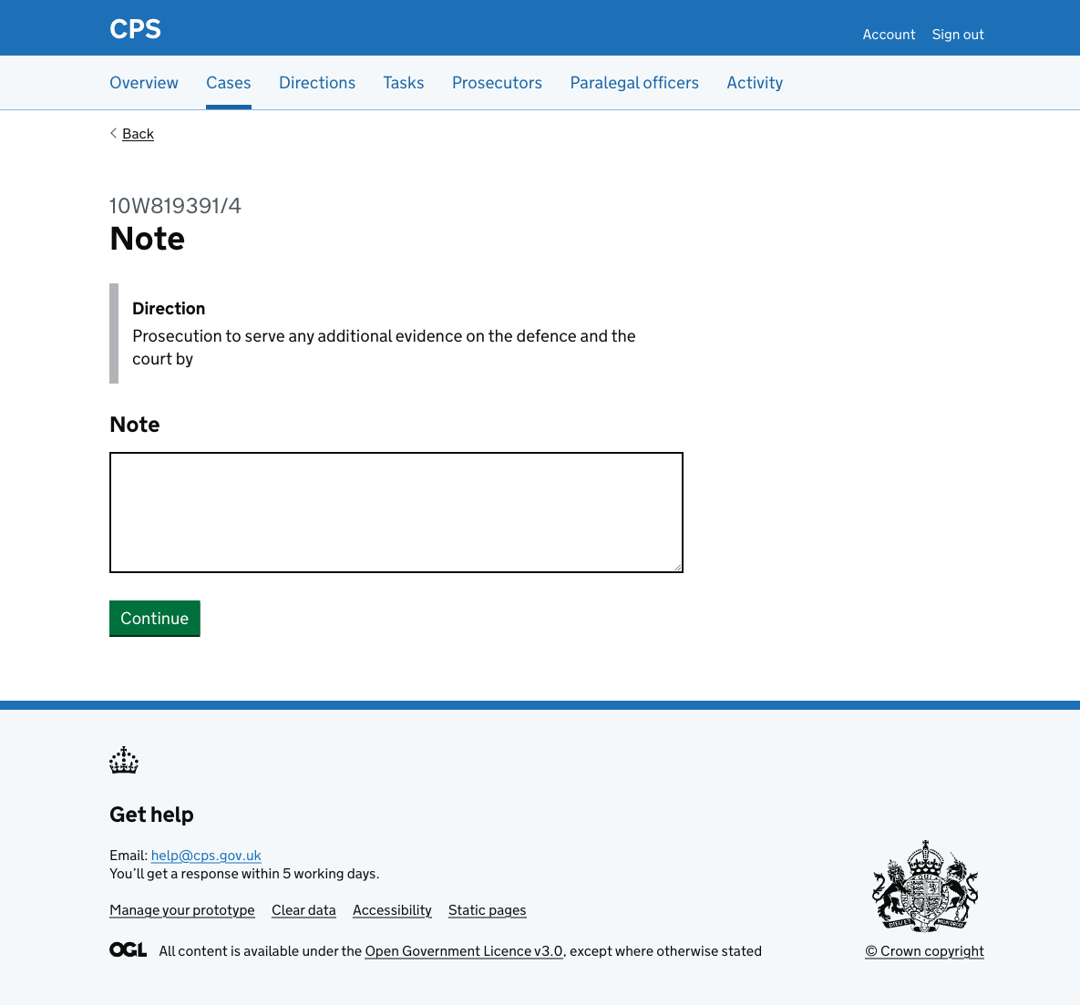 The note page showing "Note" as the heading, an inset showing the direction description, a Note textarea, and a Continue button.