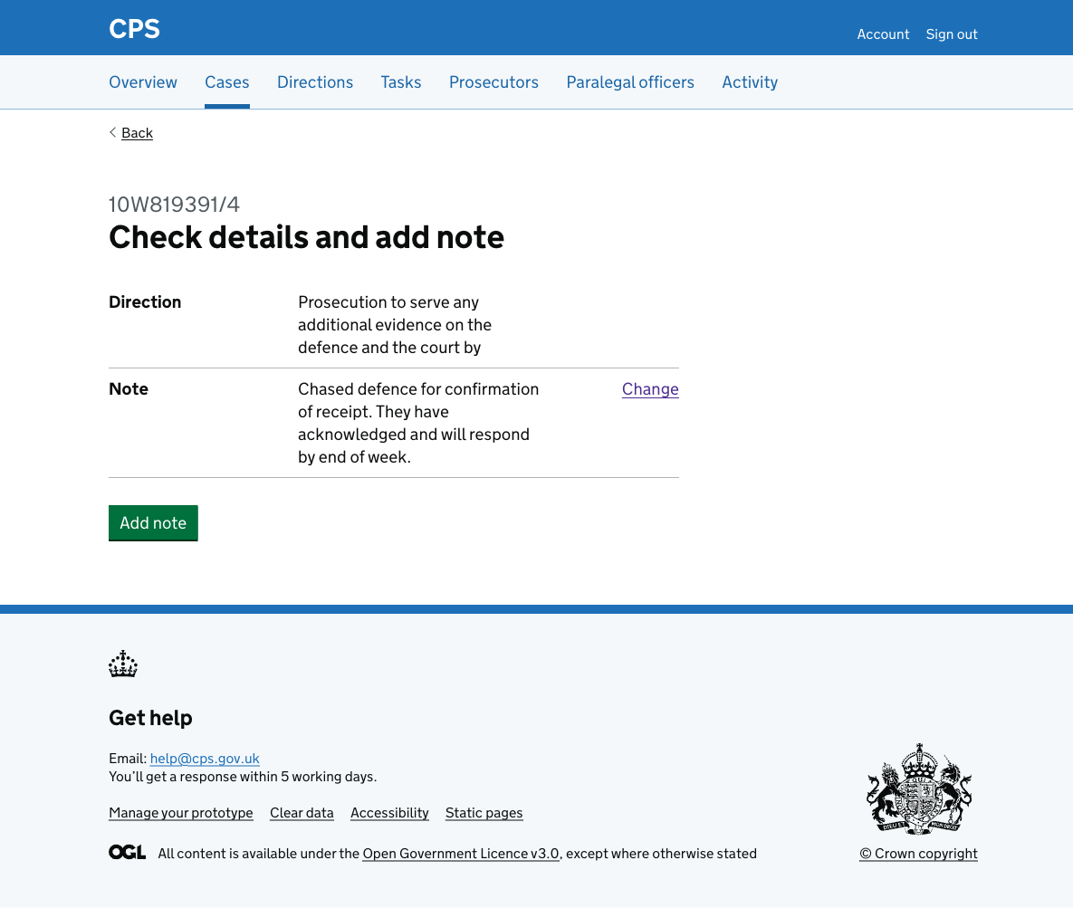 The check answers page showing "Check details and add note" as the heading, with direction and note rows, and an "Add note" button.