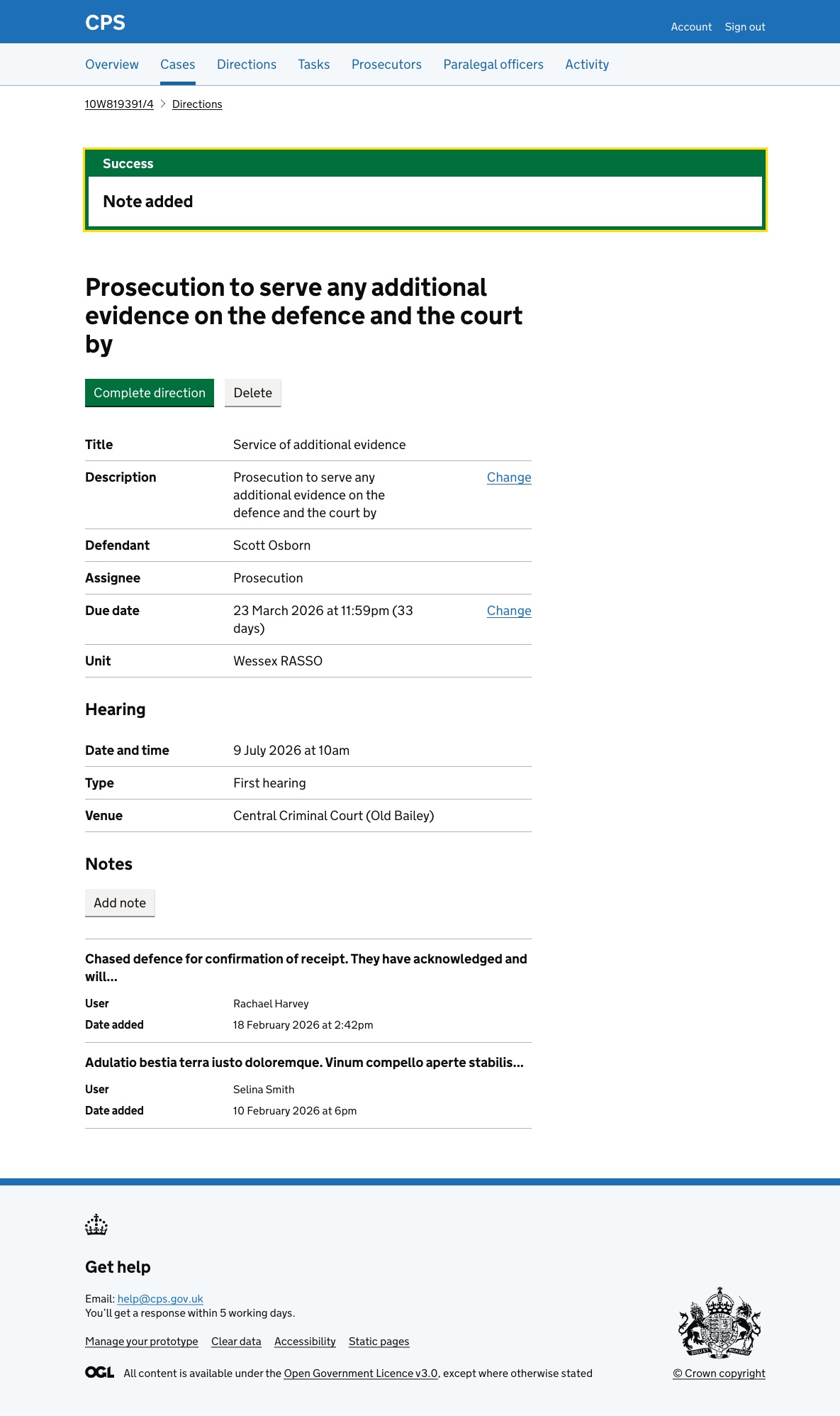 The direction details page with a green success banner saying "Note added" and the new note appearing at the top of the notes section.