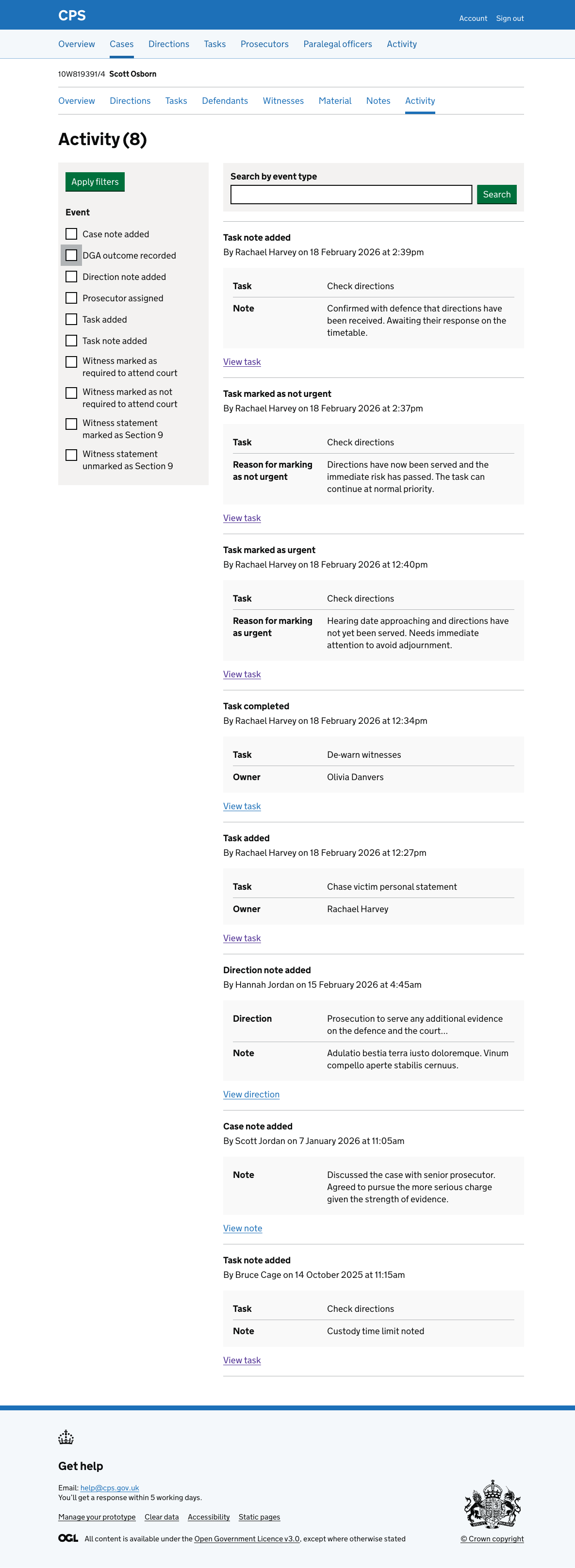 The case activity log showing a "Task note added" entry by Rachael Harvey, with task name "Check directions" and the note text.