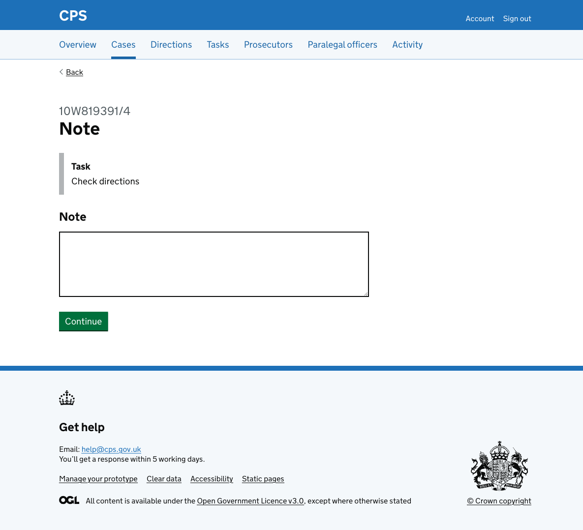 The note page showing "Note" as the heading, an inset showing the task name "Check directions", a Note textarea, and a Continue button.