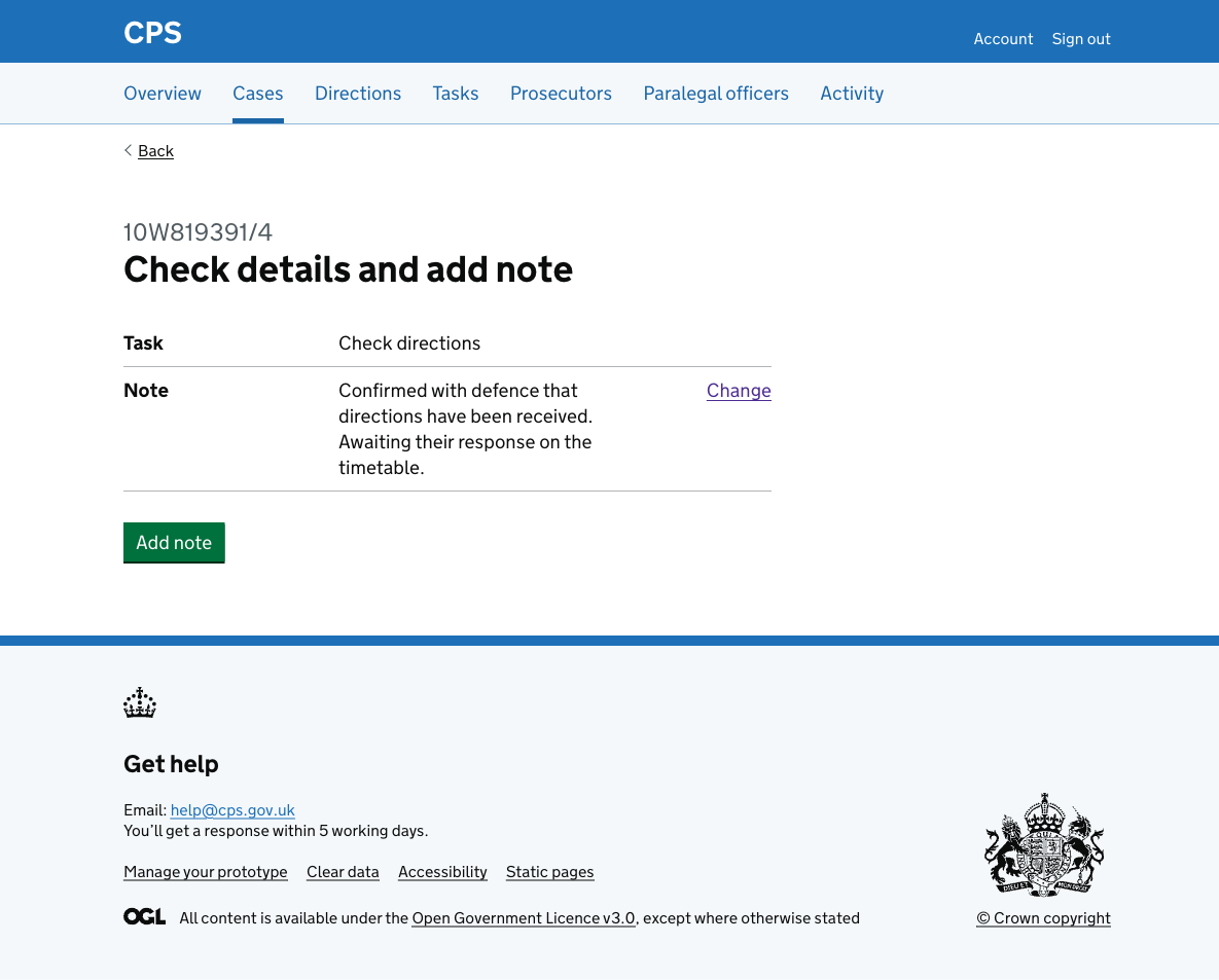The check answers page showing "Check details and add note" as the heading, with task name and note rows, and an "Add note" button.