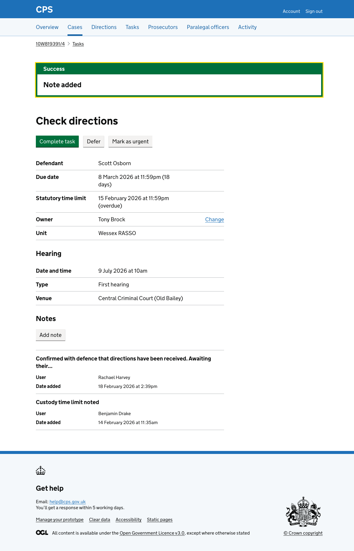 The task details page for "Check directions" with a green success banner saying "Note added" and the new note appearing at the top of the notes section.