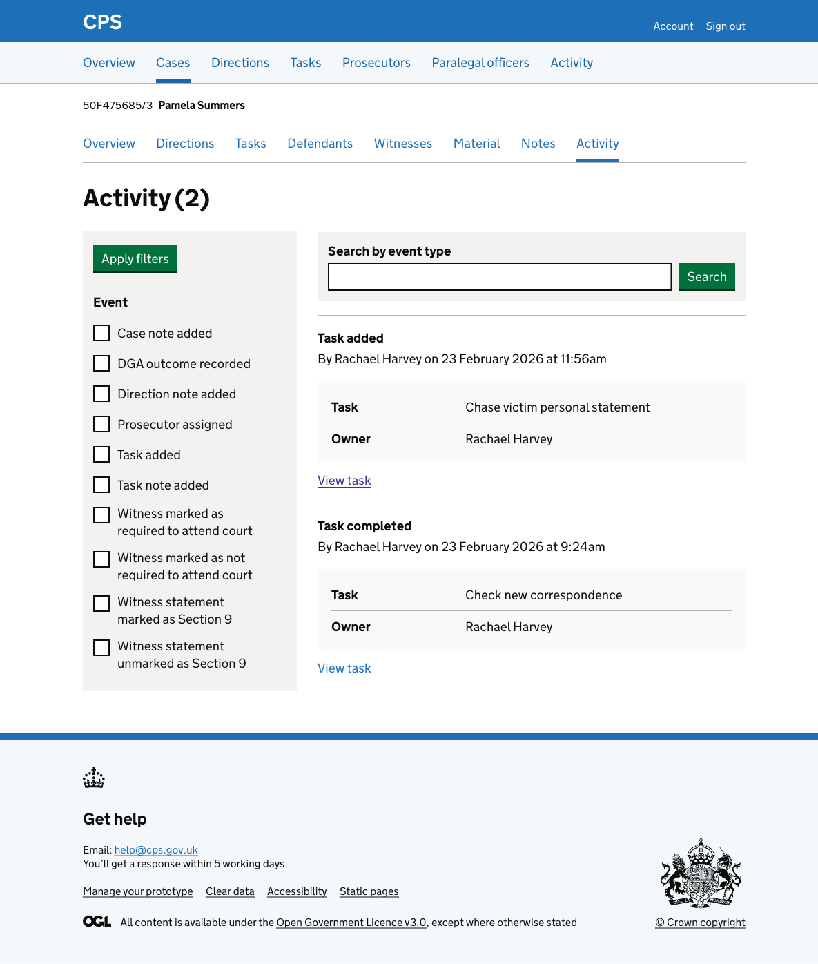 The case activity log showing a "Task added" entry by Rachael Harvey, with the task name "Chase victim personal statement", the owner, and a View task link.