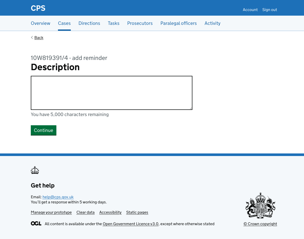 The description page, showing a text area labelled "Description" with a character count, and a Continue button.