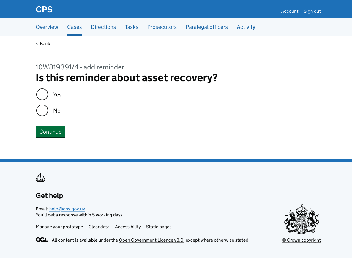 The asset recovery page, showing a yes/no radio question "Is this reminder about asset recovery?" with a Continue button.