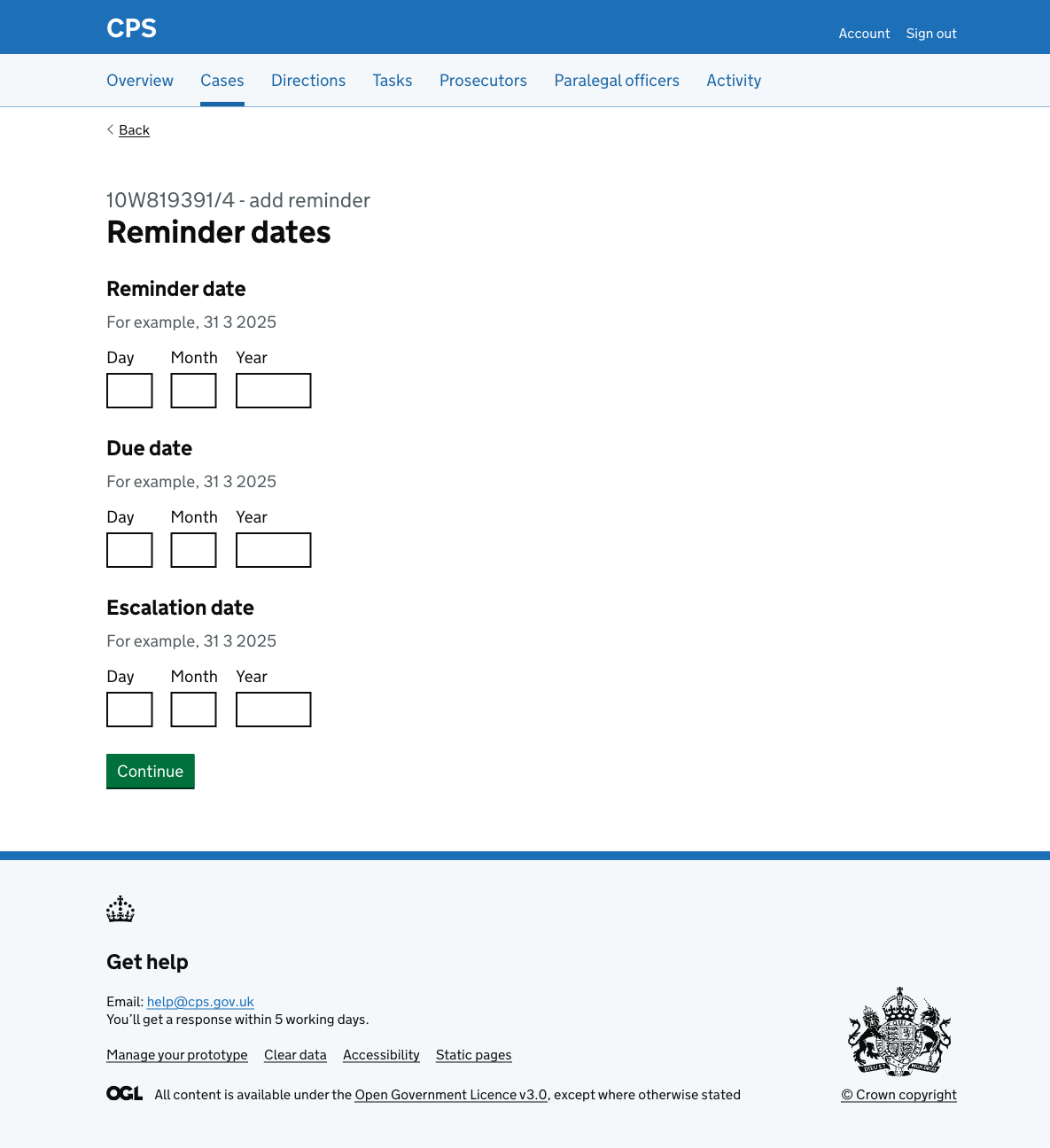 The reminder dates page, showing three date input fields: reminder date, due date, and escalation date, each with day, month, and year fields.