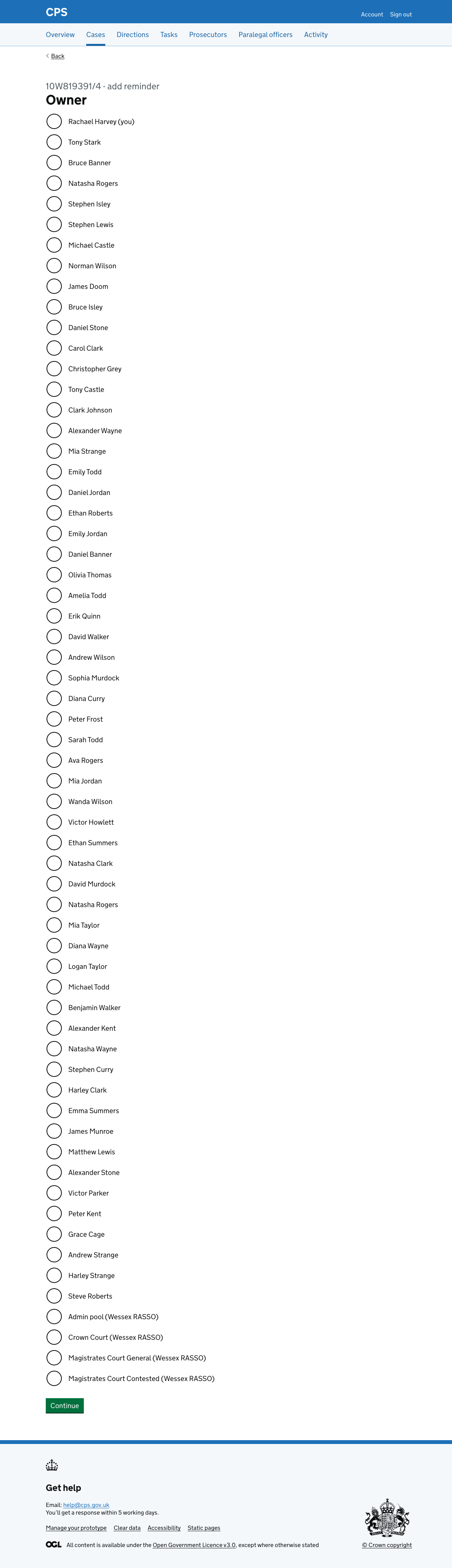 The owner page, showing a long list of radio options including the signed-in user listed first as "Rachael Harvey (you)", followed by other users and then team pools.