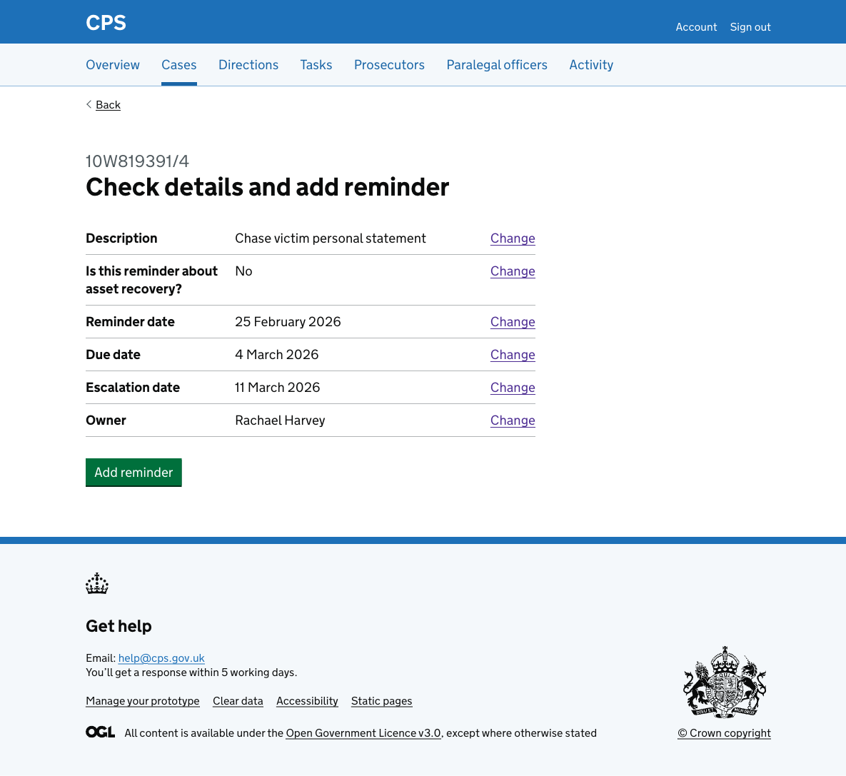 The check answers page showing description, asset recovery, reminder date, due date, escalation date, and owner, each with a change link. An "Add reminder" button appears at the bottom.