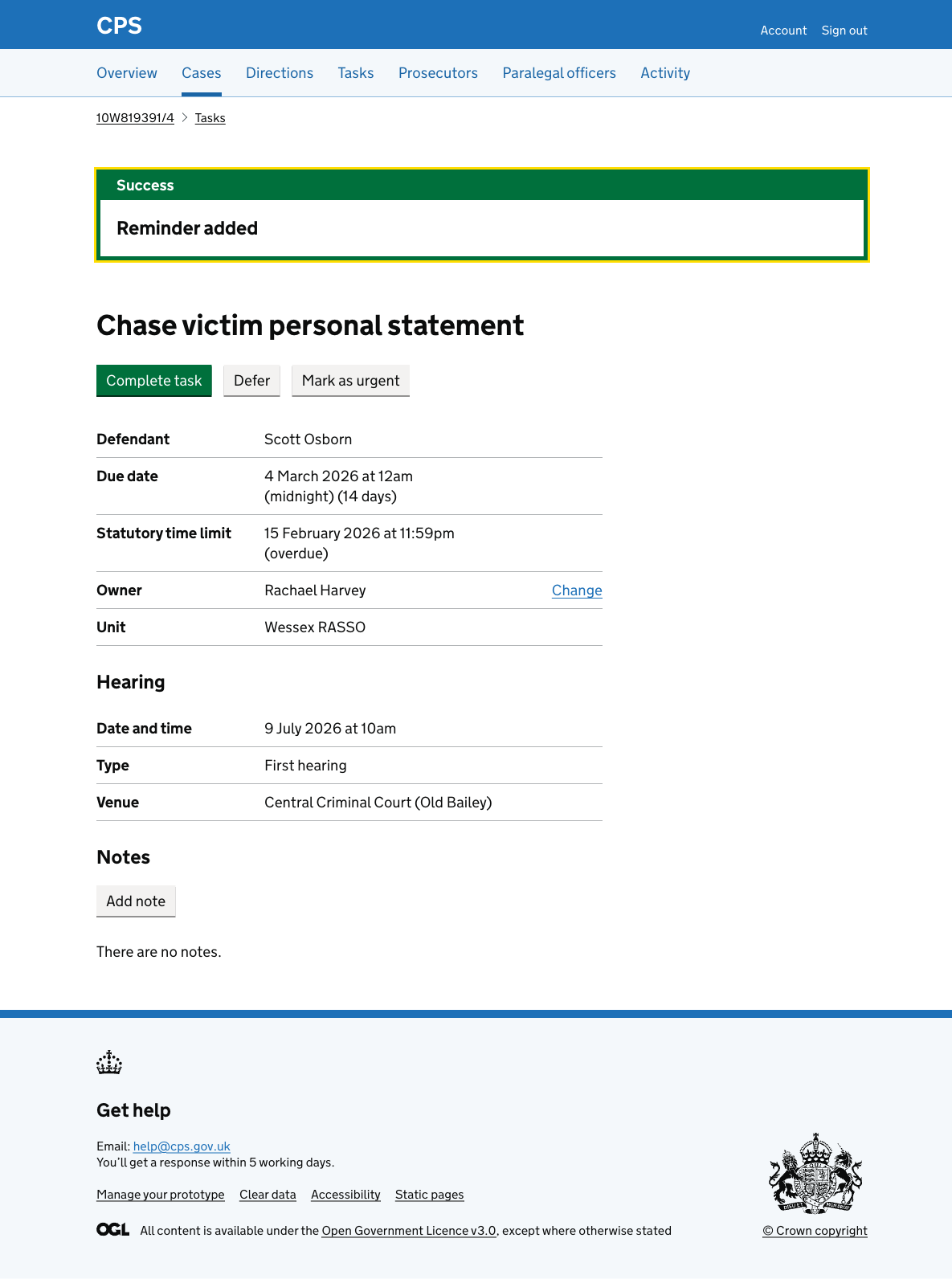 The task details page for "Chase victim personal statement" with a green success banner saying "Reminder added" at the top.