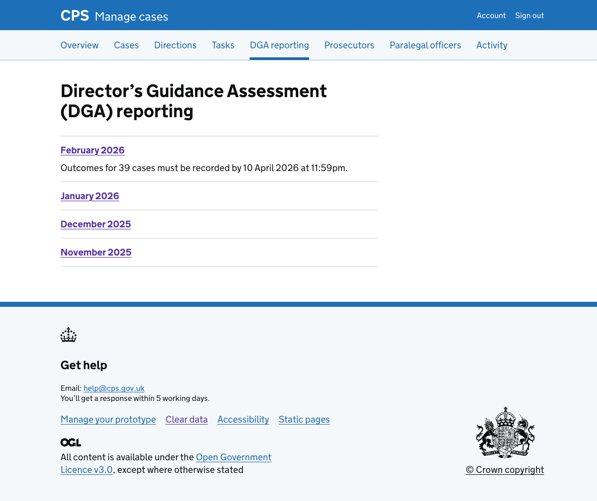 The DGA reporting hub page. The primary navigation shows Overview, Cases, Directions, Tasks, DGA reporting, Prosecutors, Paralegal officers, and Activity. DGA reporting is the active link.