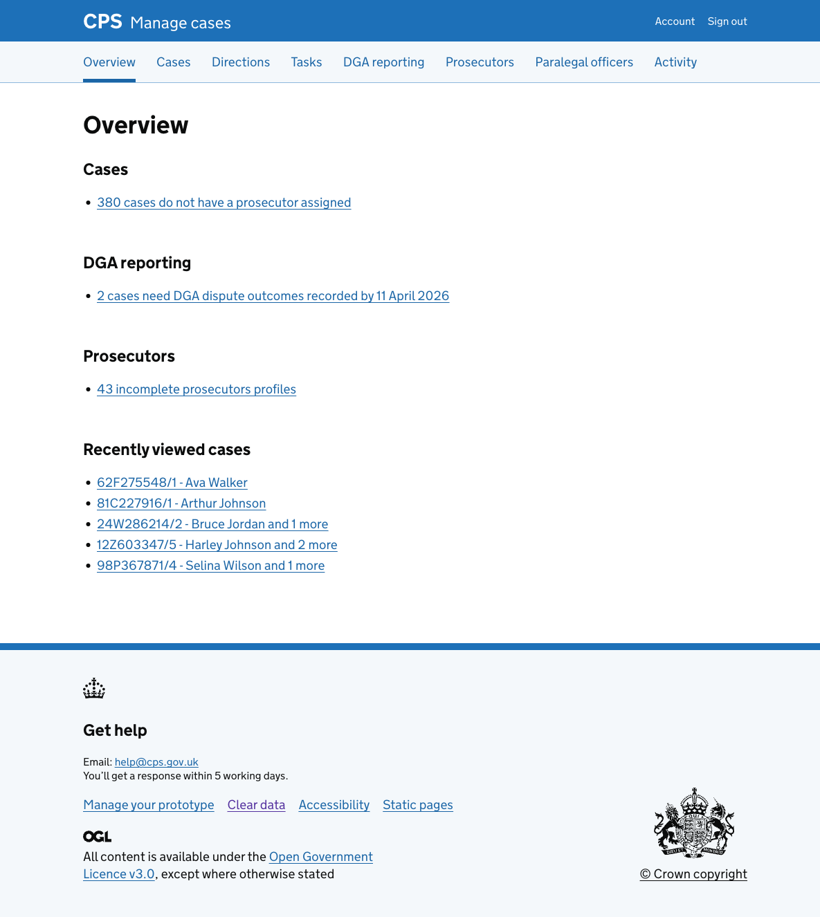 The overview page for a manager. It shows four sections: Cases, DGA reporting, Prosecutors, and Recently viewed cases. The DGA reporting section reads "2 cases need DGA dispute outcomes recorded by 11 April 2026".